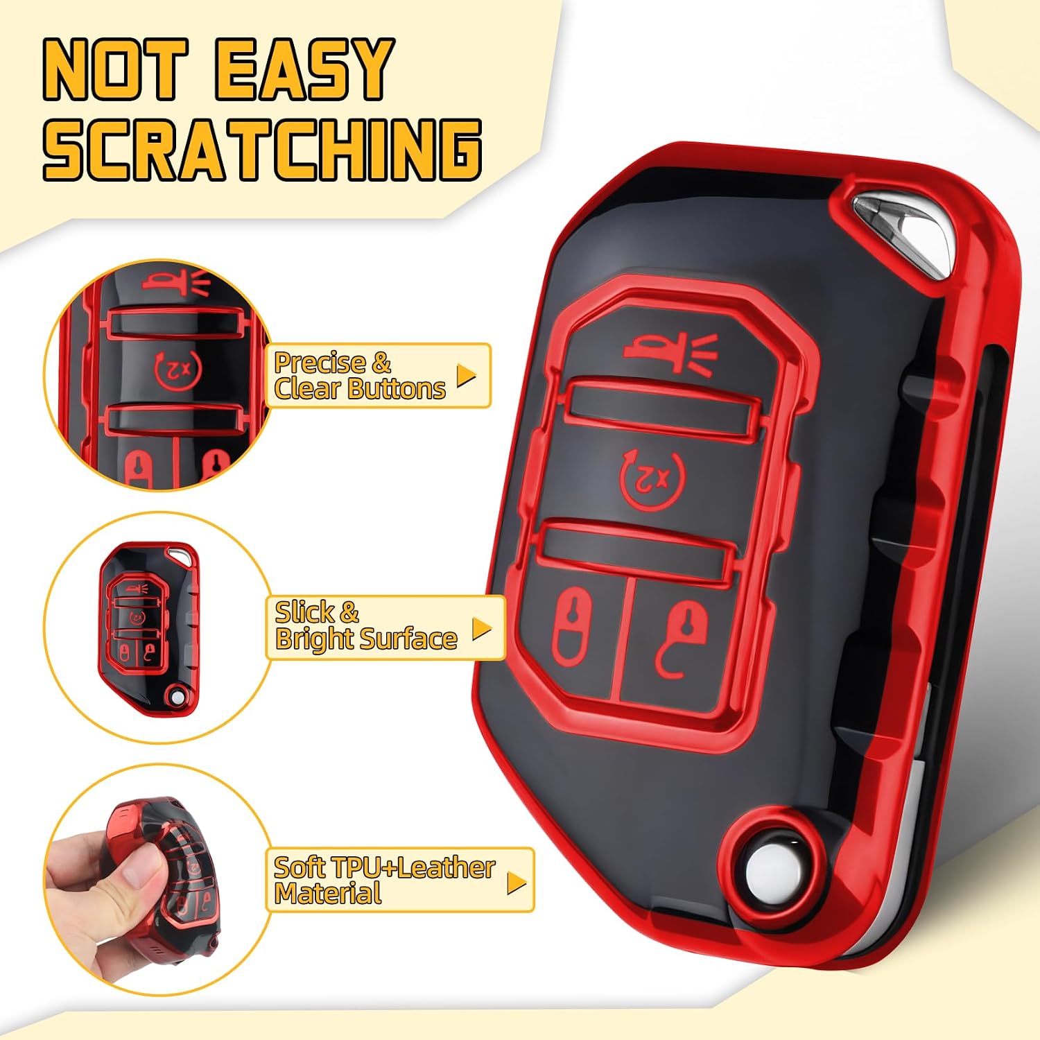 FT FUNTOR for Jeep Key Fob Cover, Soft TPU Protection Key Fob Compatible with Jeep Wrangler JL JLU Rubicon Gladiator JT Sahara Flip Car Key (Black Red)