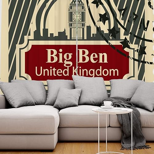 Miniatura 5 de Blackout Curtains Thermal Insulated Retro Big Ben London Stamp Solid Pattern Metal Grommet Elegant Room Drapes Window Curtain for Bedroom Living