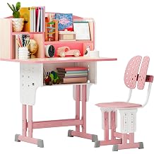 2025 New Updated Adjustable Kids Desk and Chair Set - Ergonomic Wooden Study Desk, Height-Adjustable 37-43" School Set for Children 7-12 Years 70x45cm Pink, 2