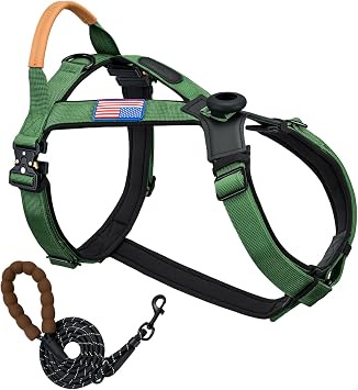Heavy Duty No Pull Y-Shaped Dog Harness for Medium Large Dogs,Tactical K9 Vest with AirTag Holder,American Flag Patch,Adjustable Durable Nylon, Soft Padding, Metal Buckles (Ranger Green)