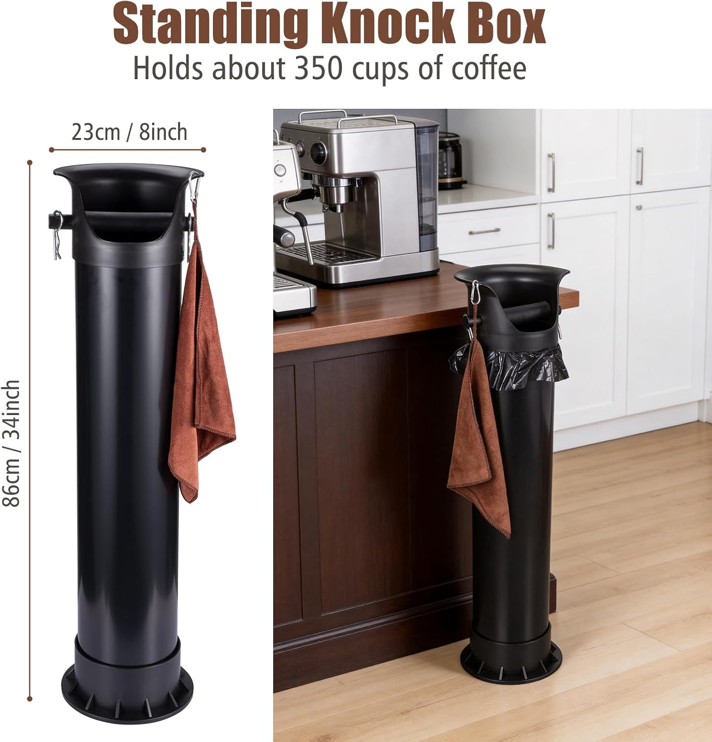 18L Coffee Knock Box Large Capacity Floor-Standing- Commercial Espresso Grounds Bin with Brush, Towel & 25 Bags for Coffee Shops/Bars/Home (35×9.8×9.6in)