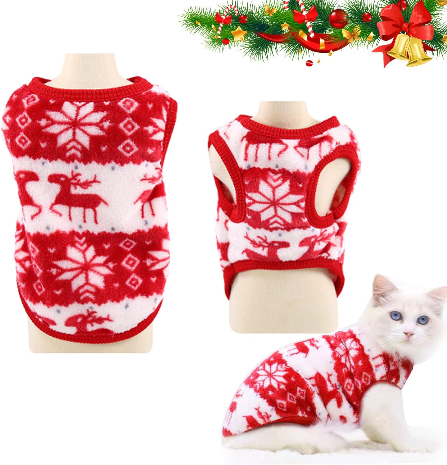 cykapuDog Christmas Outfit, Velvet Red & White Snowflake Elk Cat Christmas Costume Pet Clothes, WInter Warm Christmas Dog Outfit for Puppy Small Dogs (X-Small)