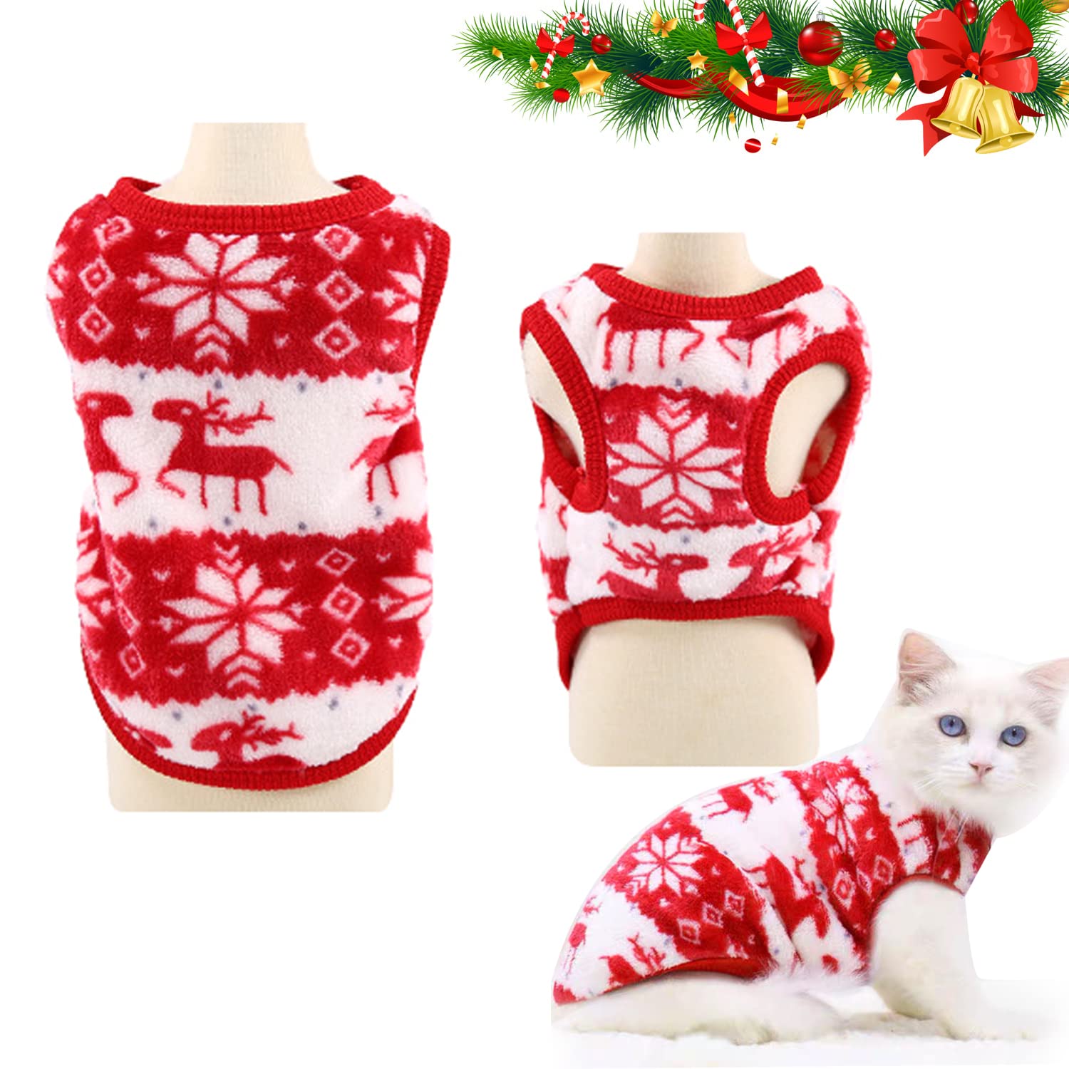 cykapuDog Christmas Outfit, Velvet Red & White Snowflake Elk Cat Christmas Costume Pet Clothes, WInter Warm Christmas Dog Outfit for Puppy Small Dogs (X-Small)