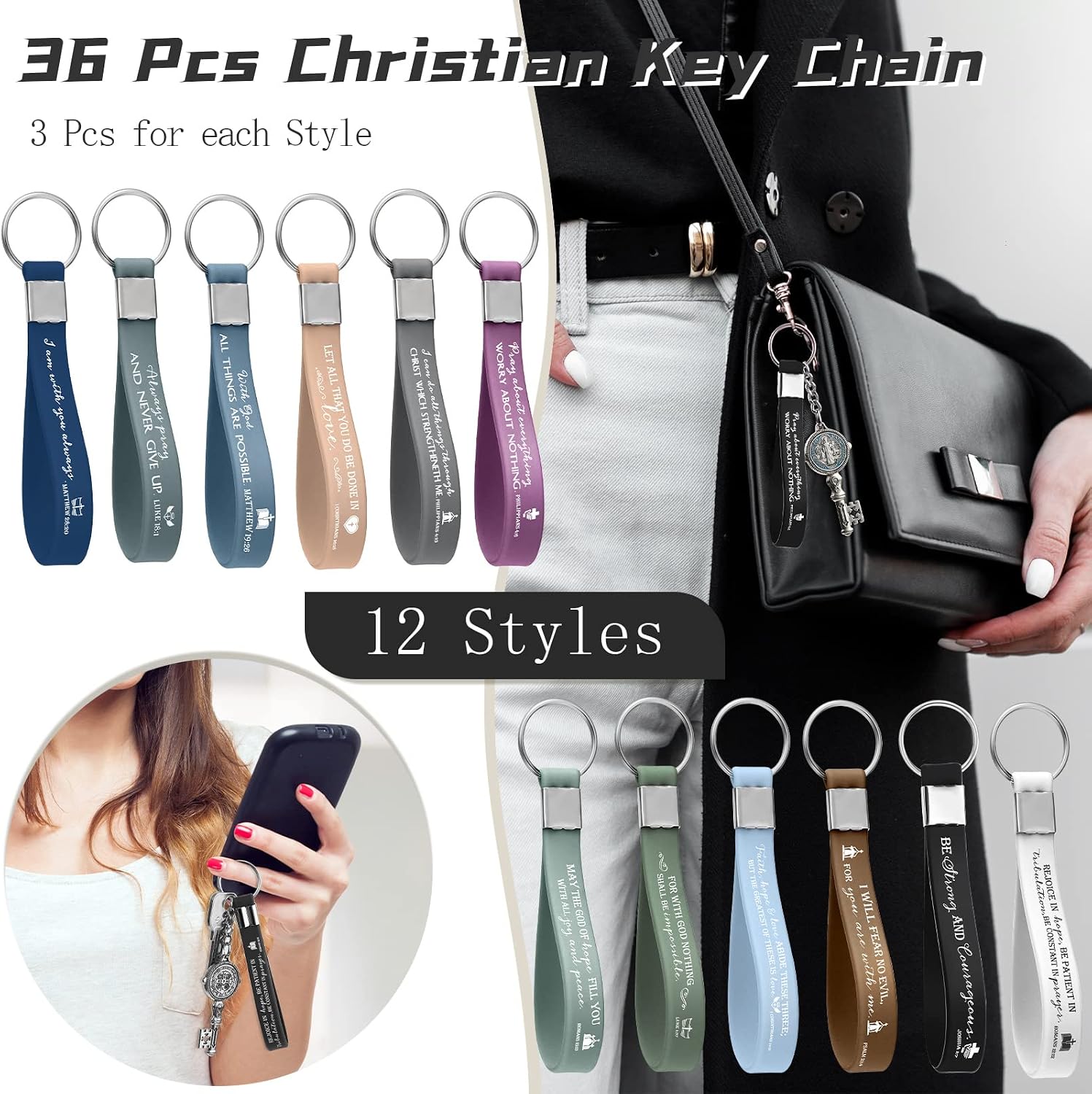Sureio 36 Pcs Inspirational Christian Gift Silicone Keychain Bulk Religious Bible Verse Church Gift for Women Men Grandparent