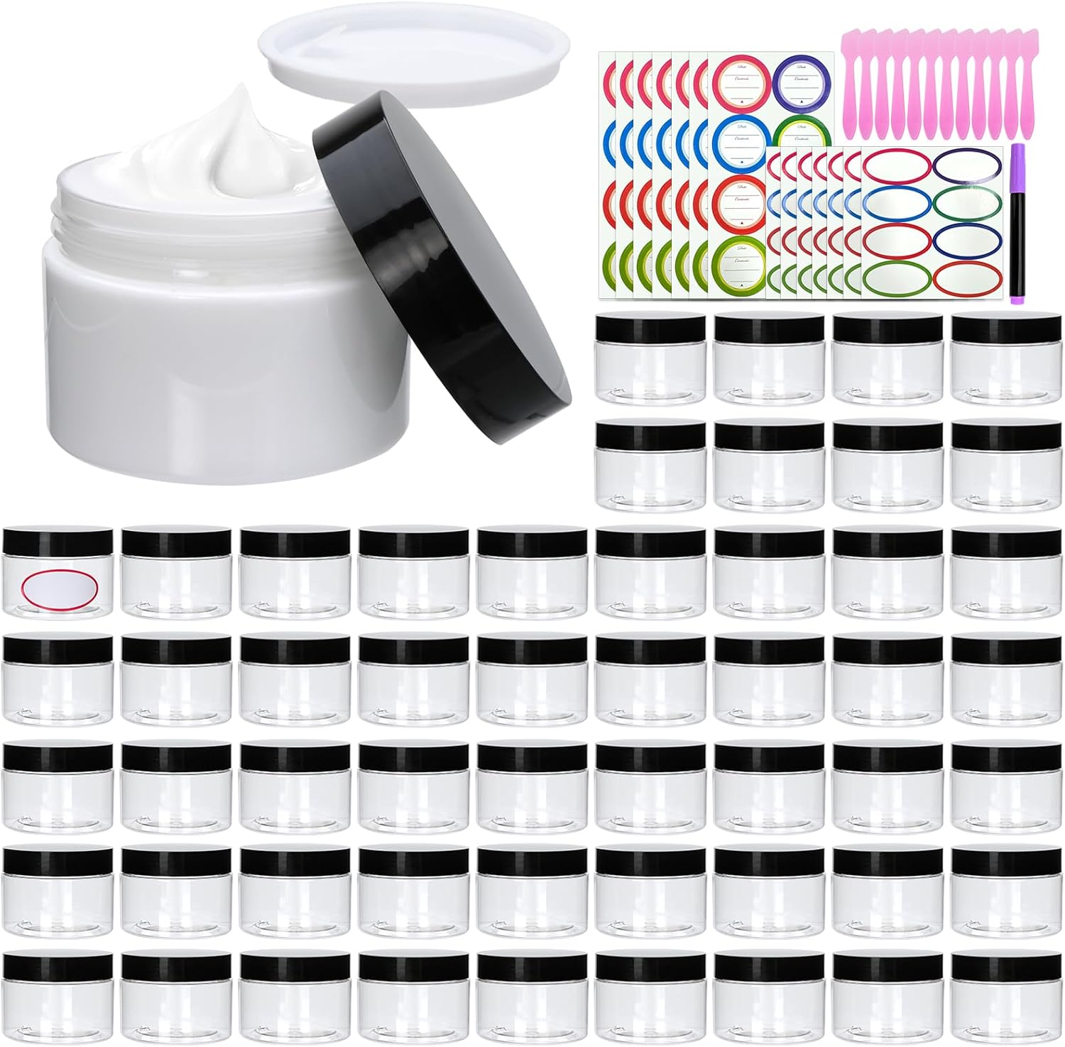 54 Pack 4oz Plastic Containers with Lids, Plastic Jars with lids, Jars with Lids for Makeup, Body Butter,Cream, Ointments, Travel Storage,Honey Jam, Cream, Butter, Lotion