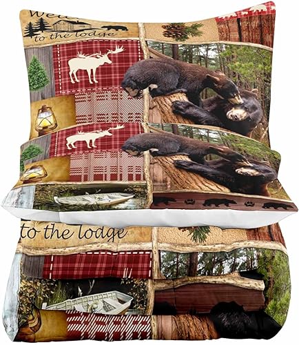 Miniatura 4 de LUVIVIHOME Juego de edredón de 3 piezas tamaño King, juego de ropa de cama rústica de cabaña, ciervos, bosque, animales, vida silvestre, caza,