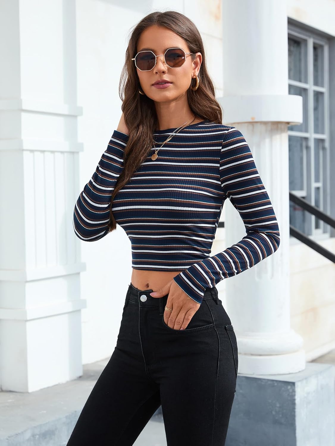 Milumia Women's Retro Fitted Long Sleeve Striped T Shirt Colorful Ribbed Crew Neck Fall Crop Top - Image 6