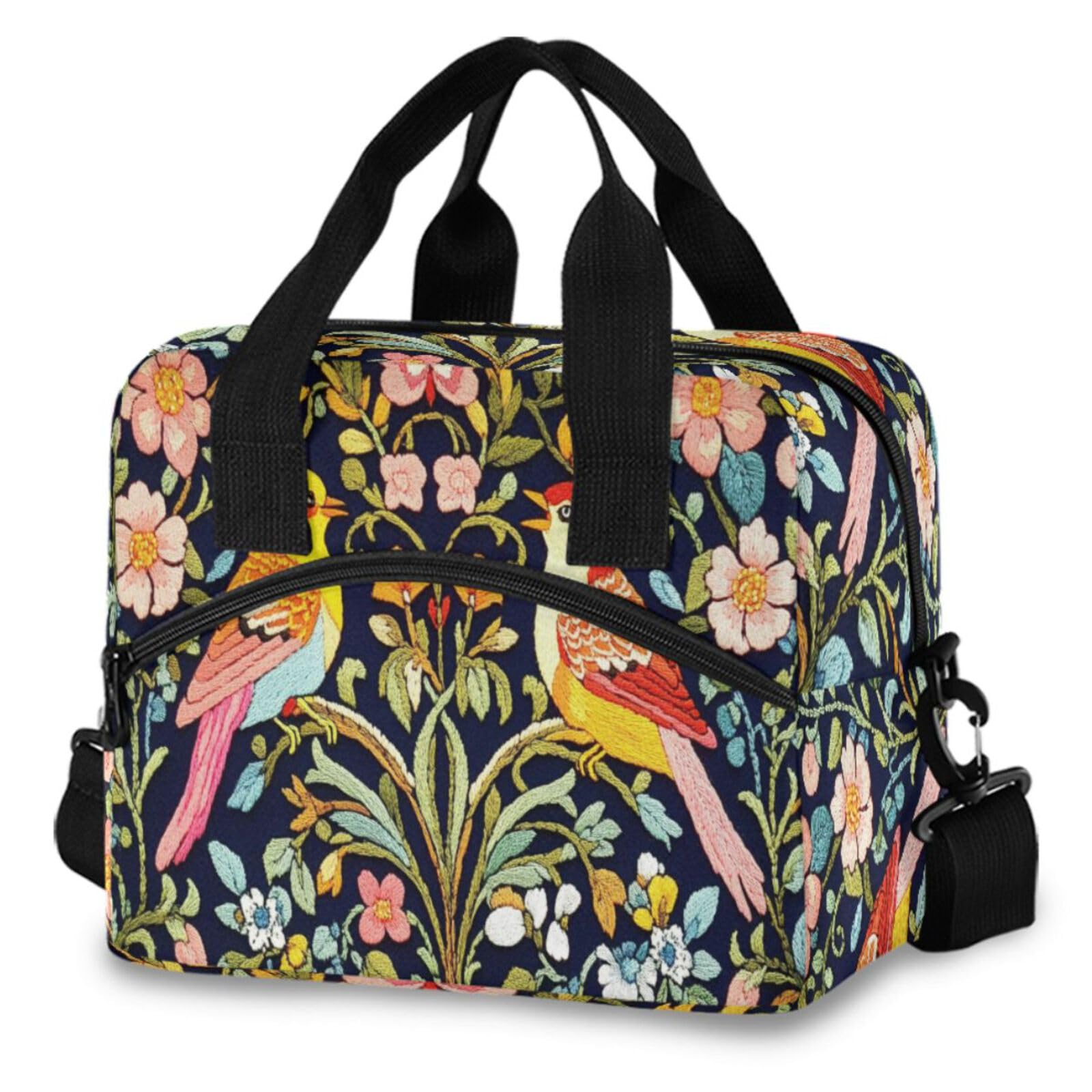 Embroidery William Morris Birds Flowers Insulated Lunch Bag for Women Kids Reusable Leakproof Children's Cooler Bag Lunch Box Bags for Work School BBQ Picnic