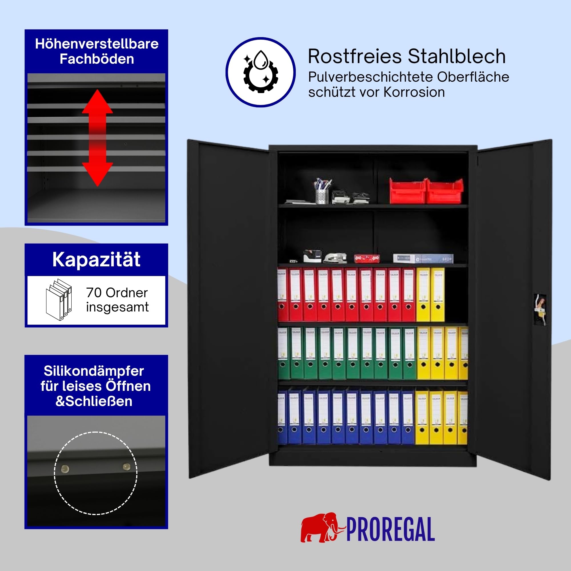 PROREGAL Armoire à Portes battantes Elephant classeur métallique verrouillable 2 Portes 180x120x40cm 4 Niveaux en Acier Noir
