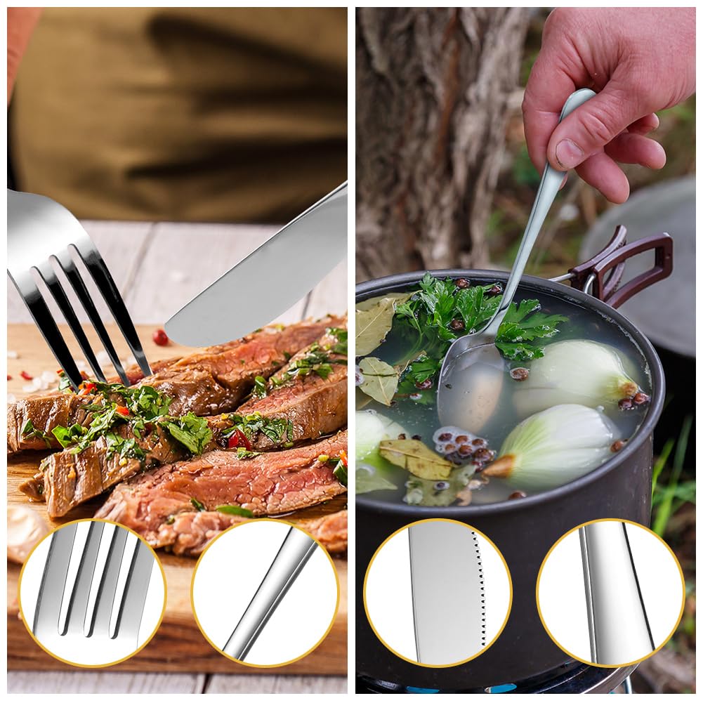 HOTUT 3 Pezzi Posate Da Campeggio Kit con Borsa Portaoggetti, Set di Posate Acciaio Inox, Finitura Lucida Lavabili in Lavastoviglie, Posate Da Viaggio in Argento con Cucchiaio Forchetta Coltello