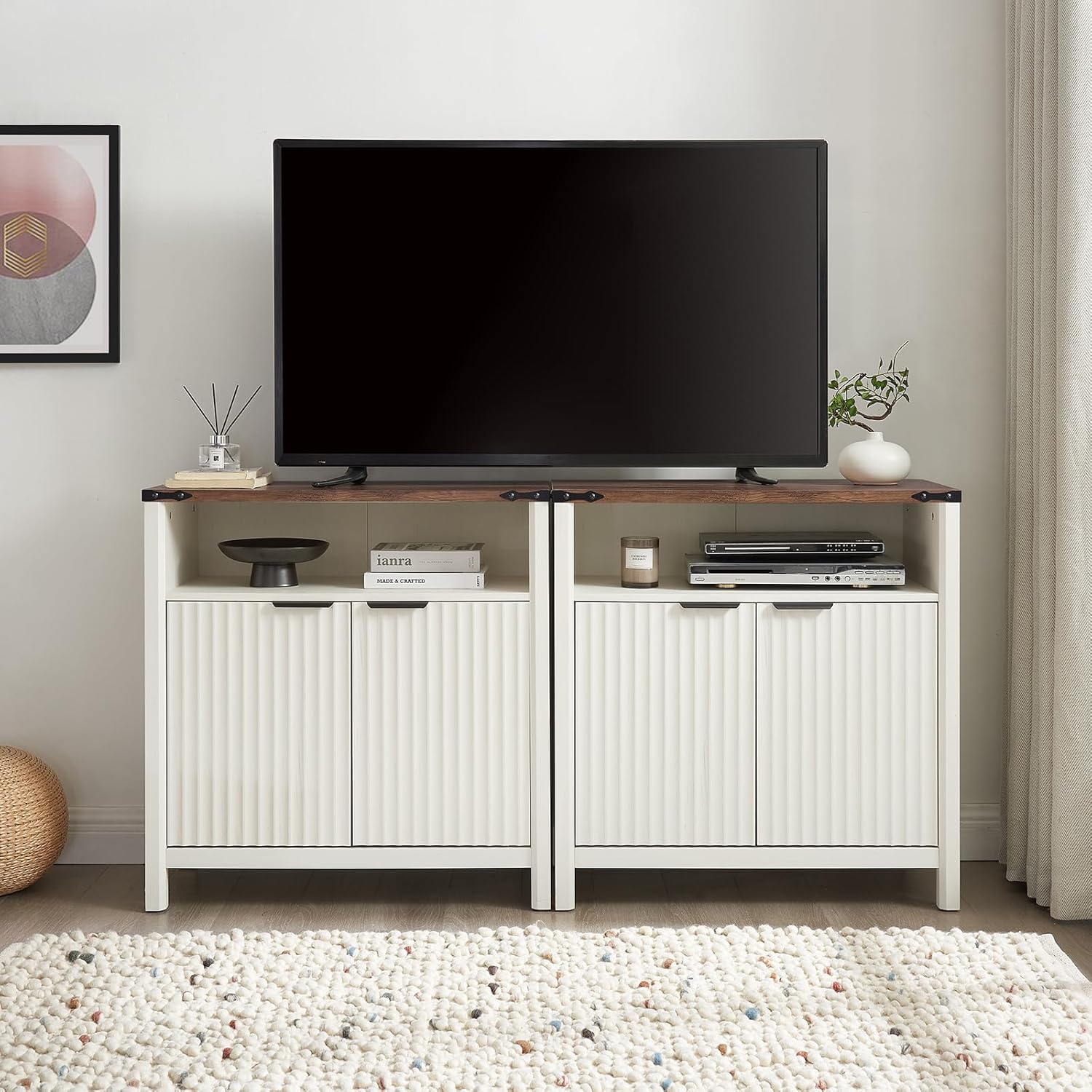 32 Inch Fluted Sideboard Cabinet with Open Shelf & Adjustable Shelves Set of 2, Modern Farmhouse Storage Cabinet for Kitchen, Entryway, Living Room, Coffee Bar Organizer (Antique White)