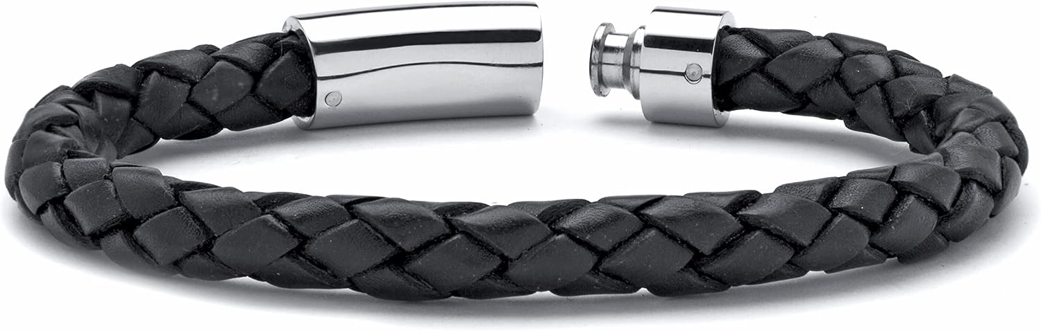 PalmBeach Men's Stainless Steel Leather Braided Cuff Bracelet (7.5mm), Slip Lock Clasp, 10 inches