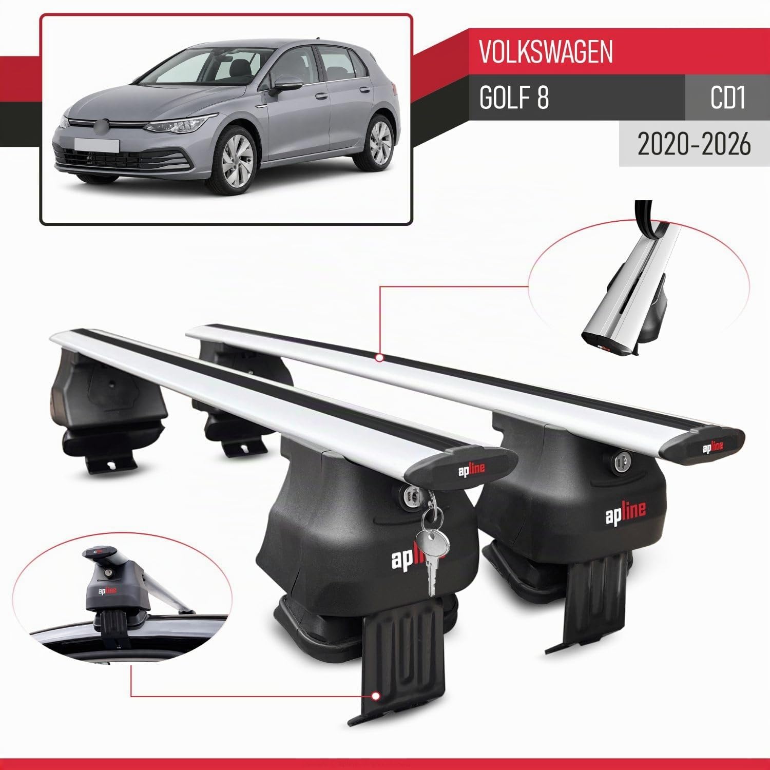 Compatible avec Volkswagen Golf 8 (CD1) 2020-2026 ACE-4 Barres de Toit Railing Porte-Bagages de Voiture Gris Aluminium 2 Barres