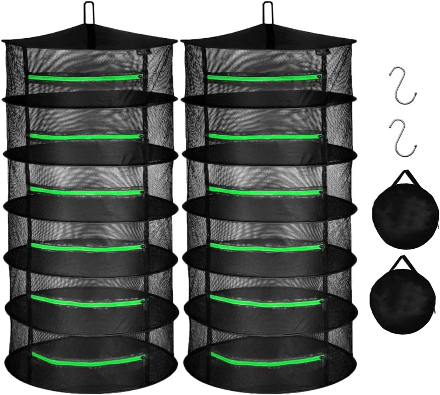iPower 2ft 6-Layer Drying Rack Breathable Mesh Hanging Dryer with Zippers Foldable Heavy Duty Ring for Garden Plant, Free Storage Bag and Hook Included, 2 Pack, Black
