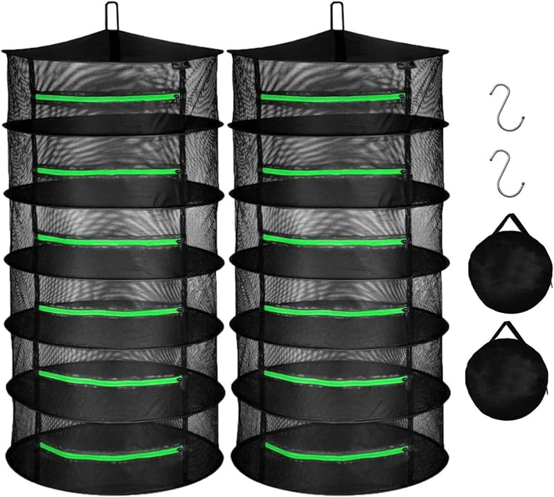 iPower 2ft 6-Layer Drying Rack Breathable Mesh Hanging Dryer with Zippers Foldable Heavy Duty Ring for Garden Plant, Free Storage Bag and Hook Included, 2 Pack, Black