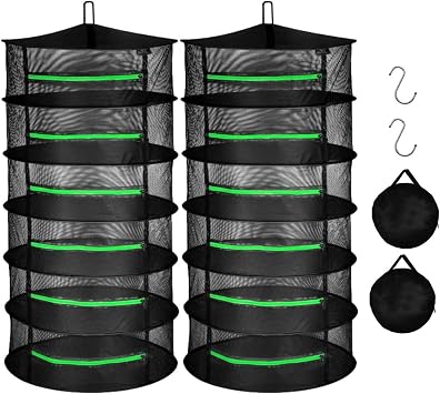 iPower 2ft 6-Layer Drying Rack Breathable Mesh Hanging Dryer with Zippers Foldable Heavy Duty Ring for Garden Plant, Free Storage Bag and Hook Included, 2 Pack, Black