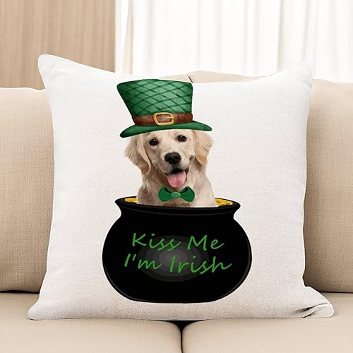 Miniatura 3 de St.Patrick's Labrador Retriever - Funda de cojín para perro, Kiss Me I'm Irish Leprechaun, almohada para sofá de perro duende en maceta de lino