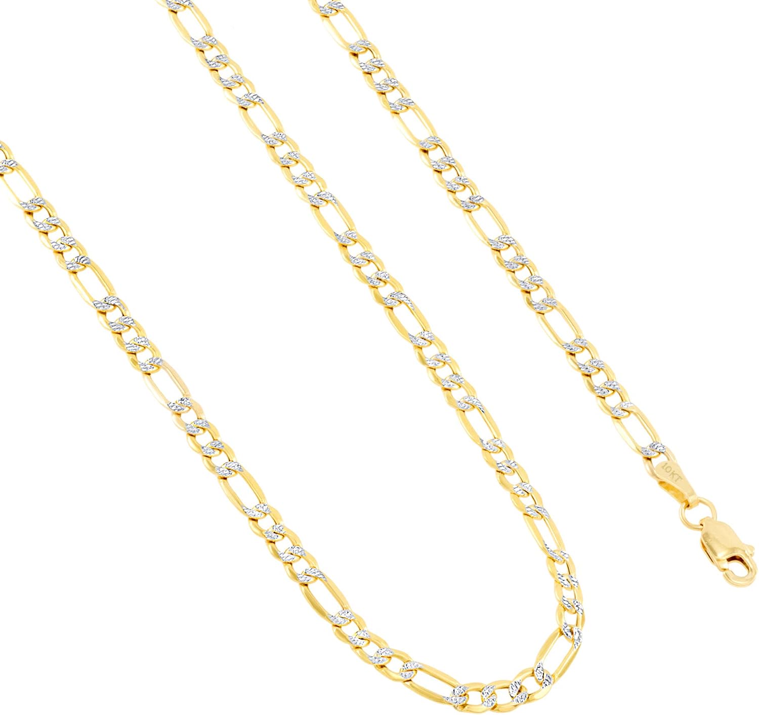 Nuragold 10k Real Yellow Gold Solid Figaro Link 4mm Diamond Cut Pave Chain Bracelet (7"-9") Two Tone Italian Jewelry for Men & Women