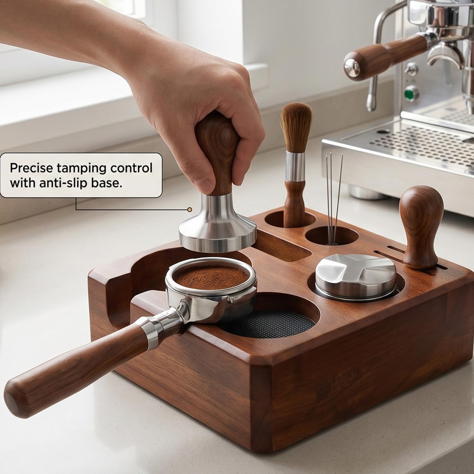 Haofy 58 Mm Tamper-Station, Kaffeezubehör-Organizer, Tamper-Verteiler, Siebträgerhalter, Multi-Zubehör-Aufbewahrung, Walnussholz für Siebträger, 17,8 X 17,8 X 7,6 Cm