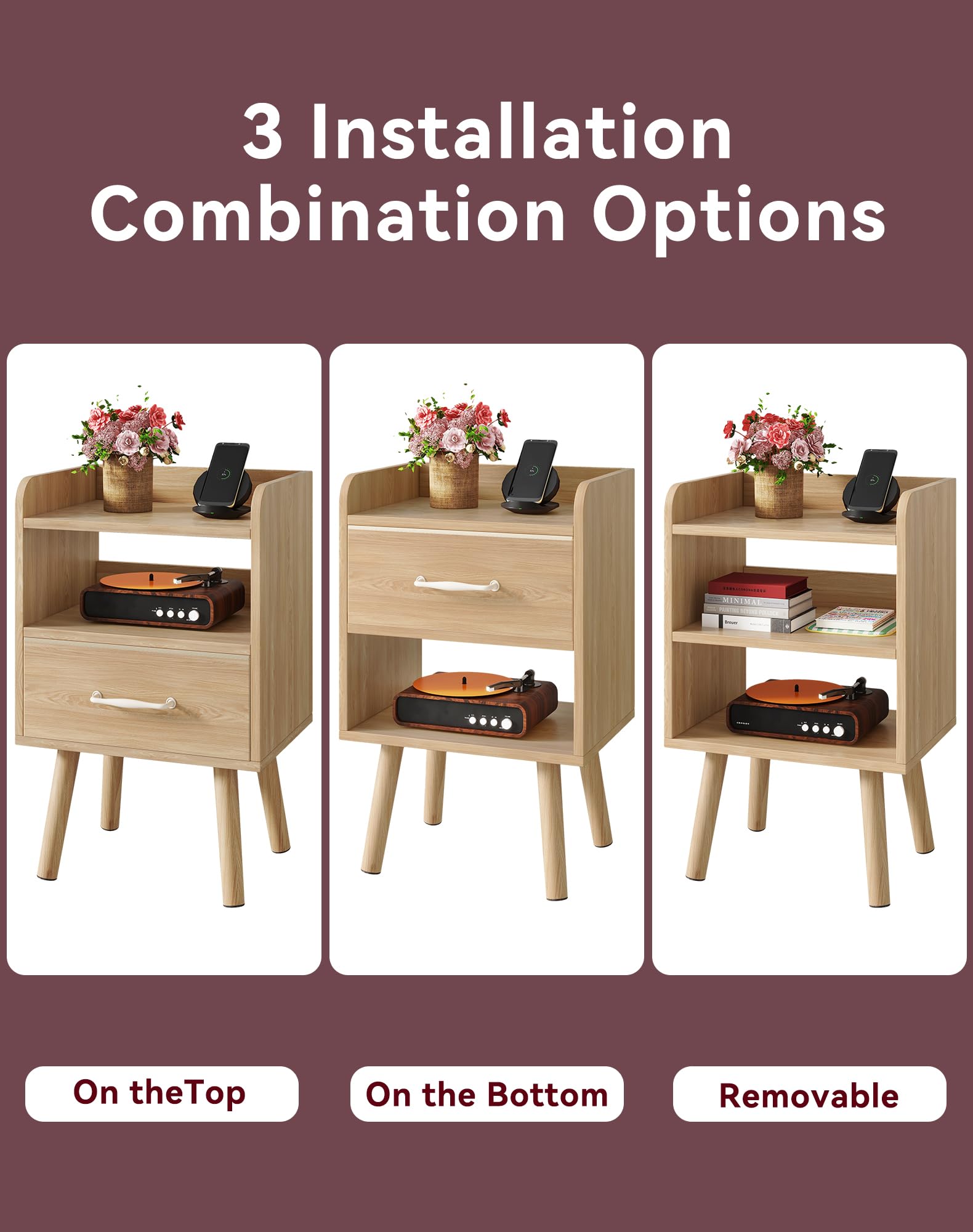 YMYNY Set de 2 Mesitas de Noche, Mesa Auxiliar de Sofá, Mesa de Madera, Cajón con Tela Removible, Ripiano Abierto, 39x29x62 cm, para Dormitorio, Salón, Natural HST021N-2