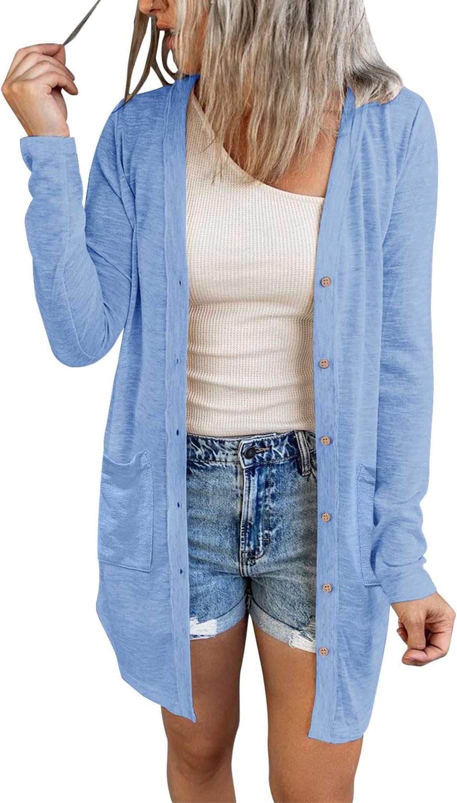 MEROKEETY Women's Open Front Lightweight Cardigan Long Sleeve Button Down Loose Outwear