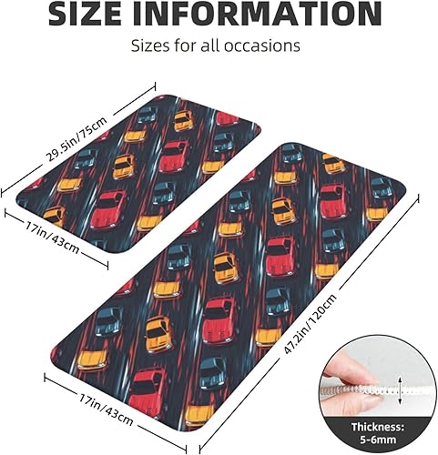 Miniatura 3 de Antifatigue Kitchen Mats for Floor 2 Piece - Retro Color Racing Car Print Kitchen Rugs Non Slip Washable, Runner Rug Standing Mat for