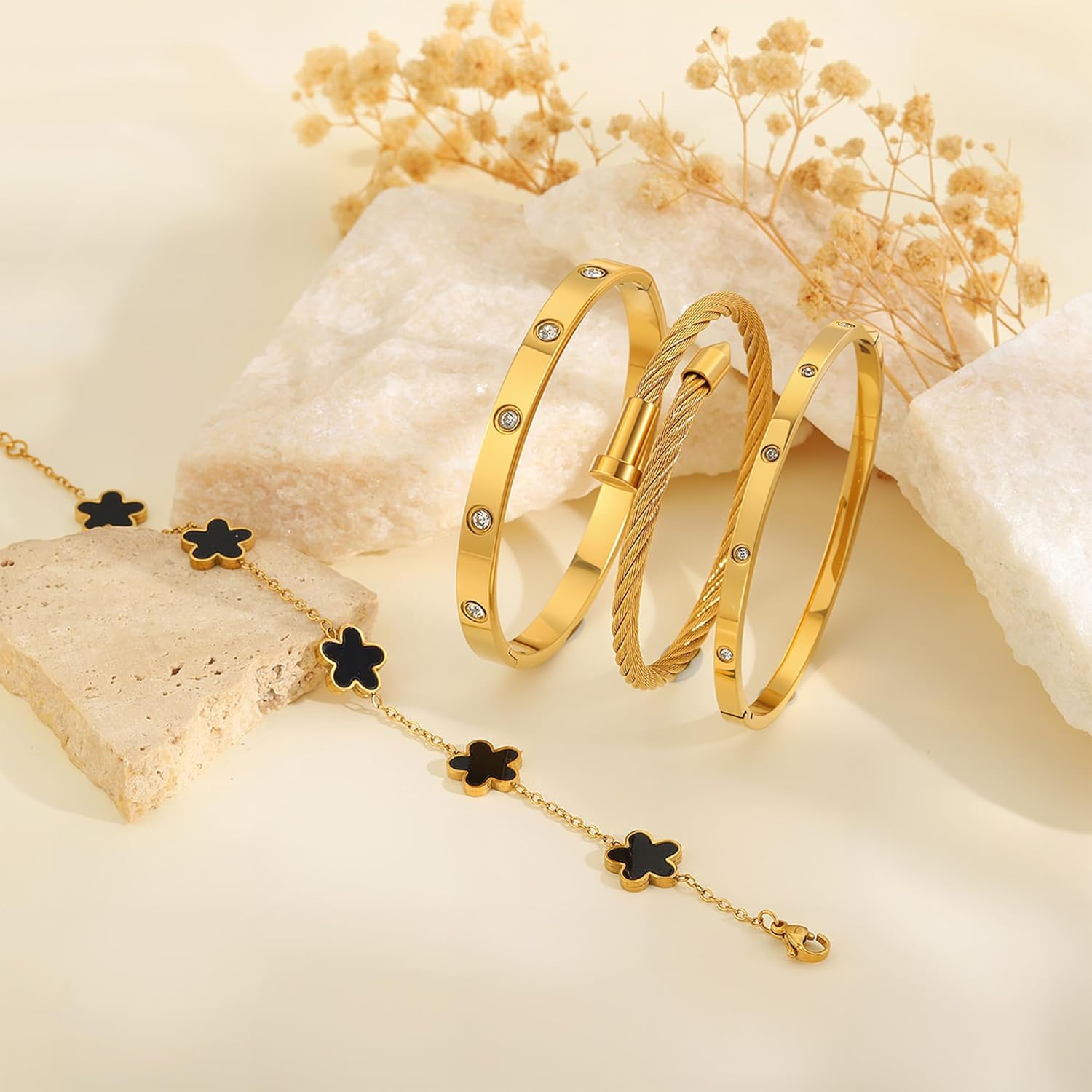 18K Gold Bracelets for Women - Stackable Clover & Nail Love Bangle Set - Non-Tarnish Jewelry Gift for Birthday Valentine's, Mother's Day & Christmas - Image 8