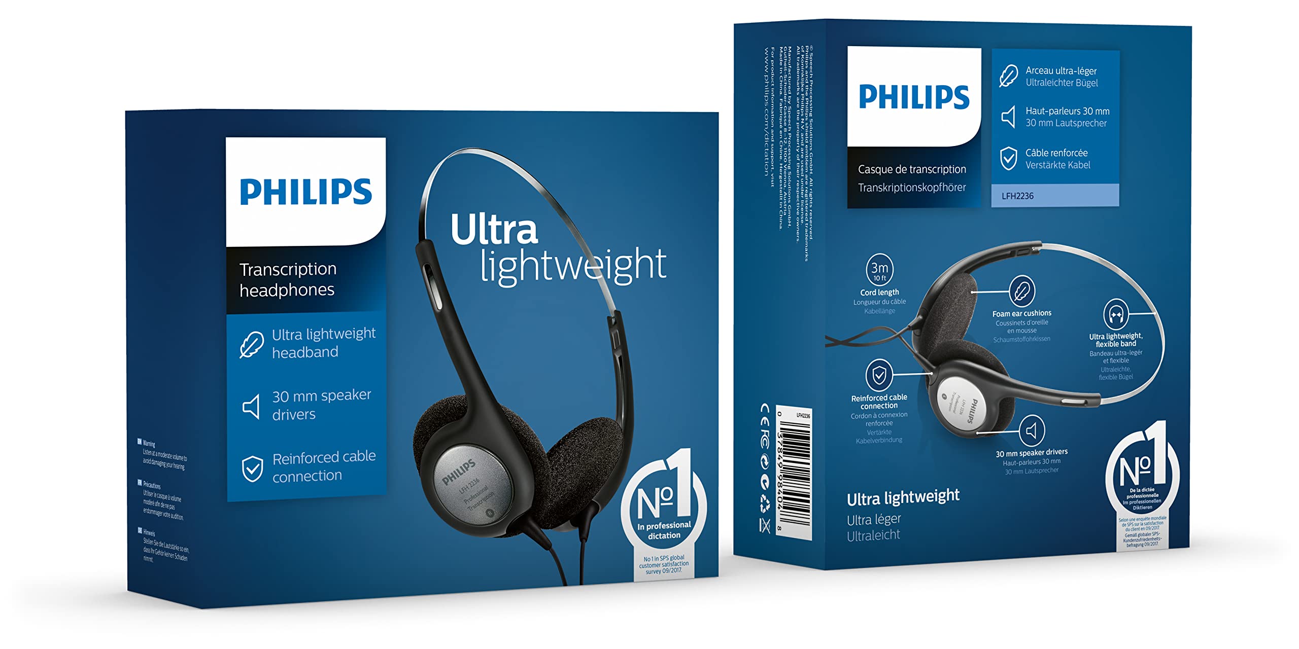 Philips LFH2236 Stereo Kopfhörer für Diktier-und Wiedergabegeräte mit 3.5 mm Klinkenstcker, Ohrpolster, schwarz/Silber, 170 mm × 135 mm × 50 mm