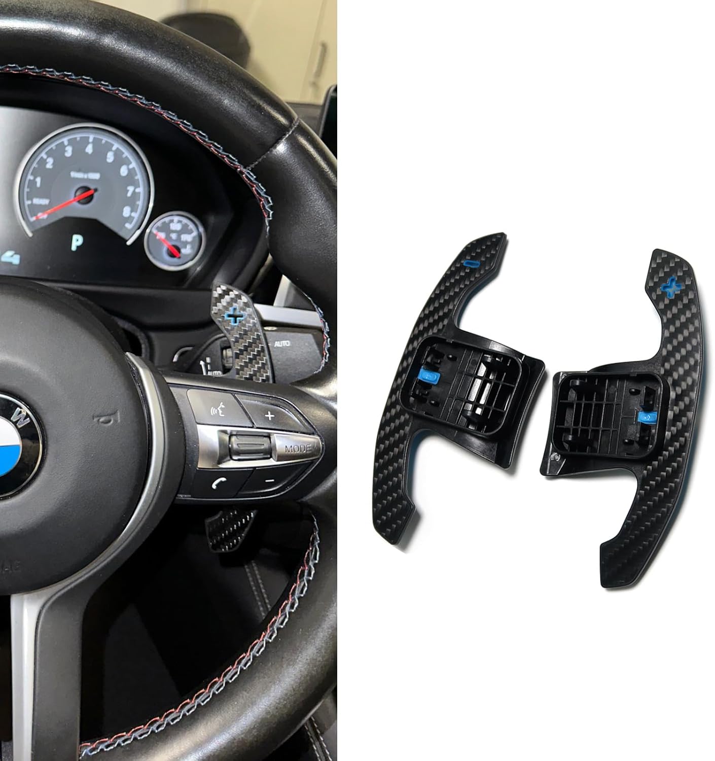 Car Carbon Fiber Paddle Shifters for BMW F02 F06 F10 F11 F12 F15 F20 F21 F23 F26 F30 F31 F34 F36 F80 F82 M2 M3 M4 M5 M6 X6 I3 I8, Steering Wheel Extension (Blue paddle)
