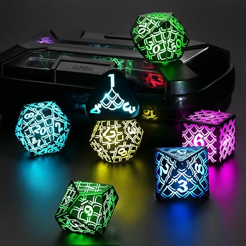 LED DND Dice Set Rechargeable, Cool Light up Dice Wireless Charging for Dungeons and Dragons, ZHOORQI Polyhedral Dice Role Playing Gifts(RGB-Dragon Scale) - Rgb-dragon Scales