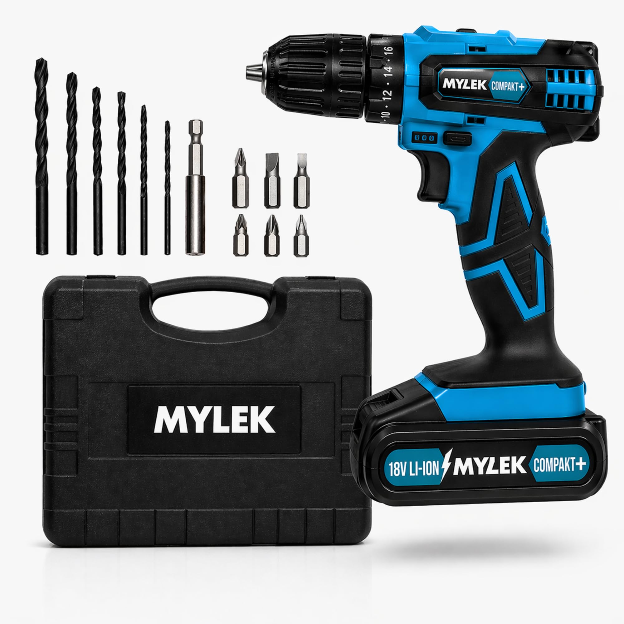 MYLEK 18V Cordless Drill/Driver - 2-Speed, 28Nm Torque, 13-Piece Bit Set, Carry Case - Black