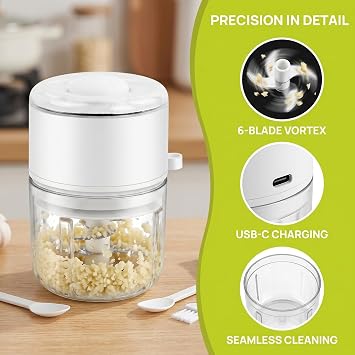Electric Kitchen Chopper 350 ml, Small Food Chopper with 6 Blades for Meat, Onions, Garlic, Chilli, Fruit, Compact Food Processor for Home & Camping, Hiking, Outging, With Small Brush (White)