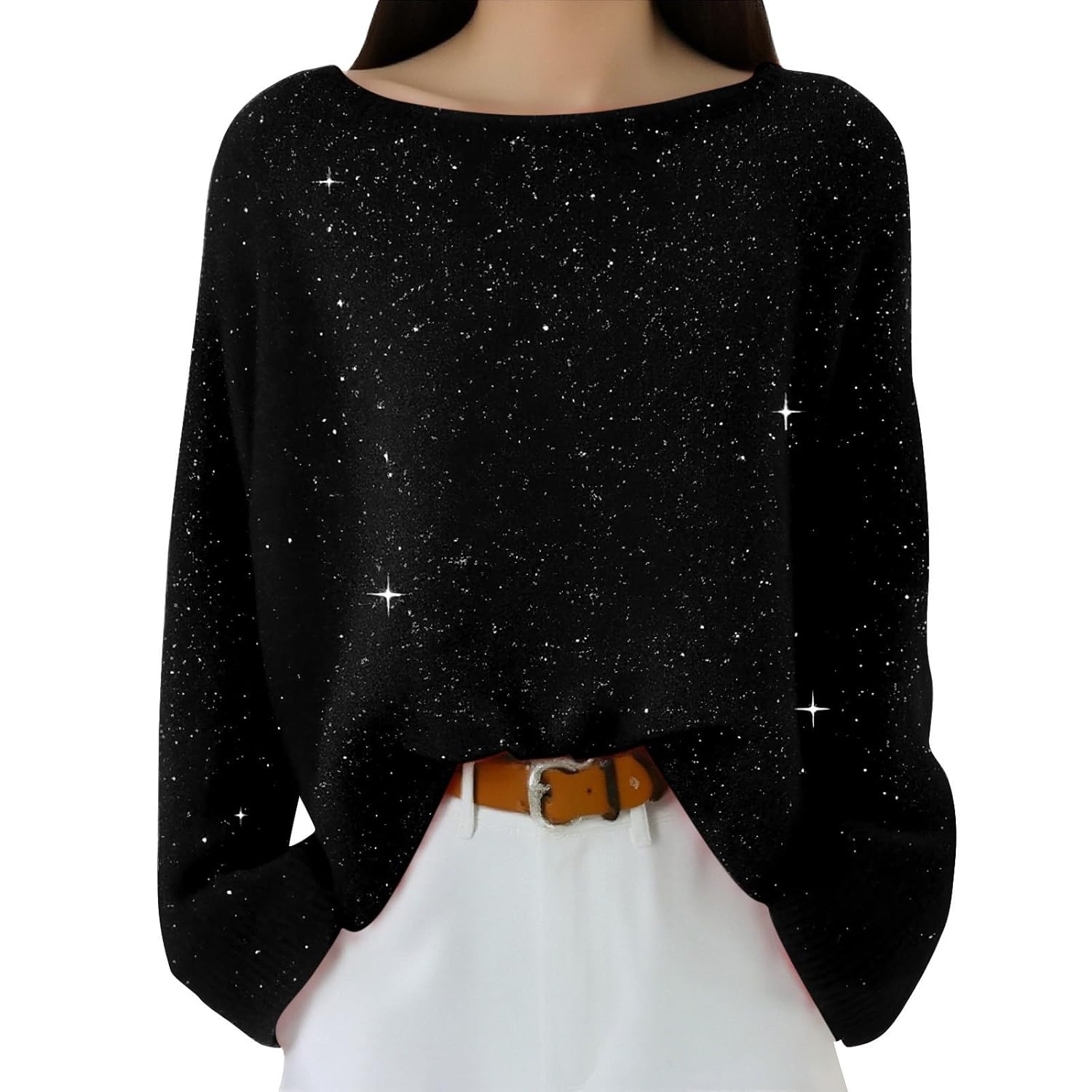 Sequins Tops for Women Cozy Cashmere Long Sleeve Knits One Shoulder Sparkly Glitter Holiday Loose Pullover Sweaters