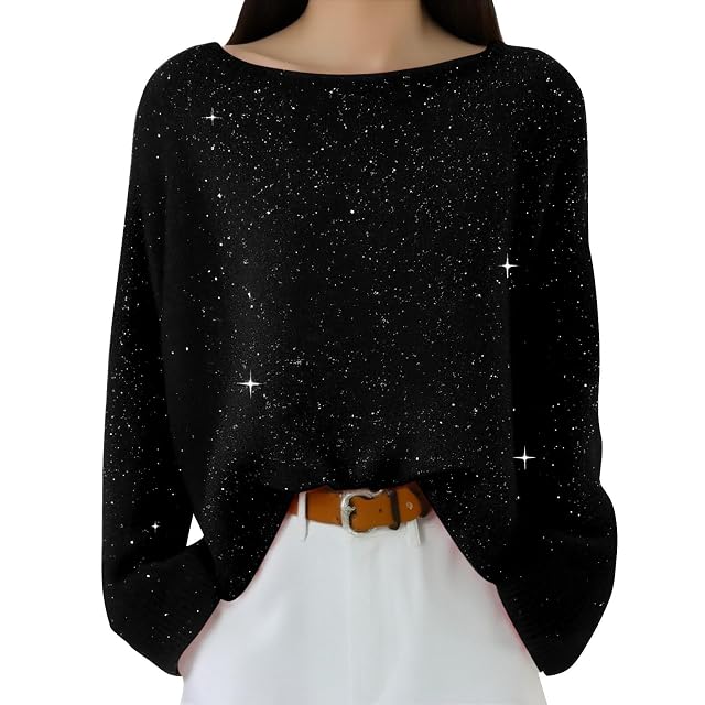 Sequins Tops for Women Cozy Cashmere Long Sleeve Knits One Shoulder Sparkly Glitter Holiday Loose Pullover Sweaters