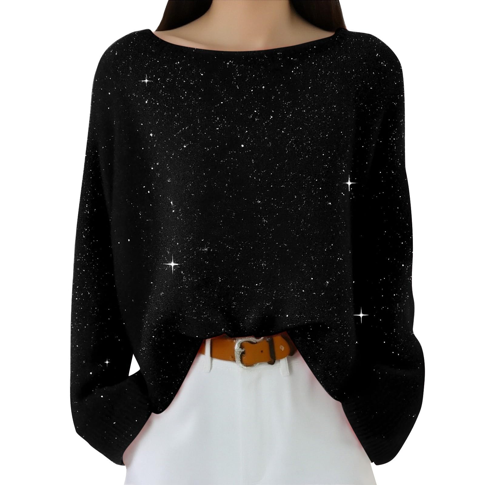 Sequins Tops for Women Cozy Cashmere Long Sleeve Knits One Shoulder Sparkly Glitter Holiday Loose Pullover Sweaters