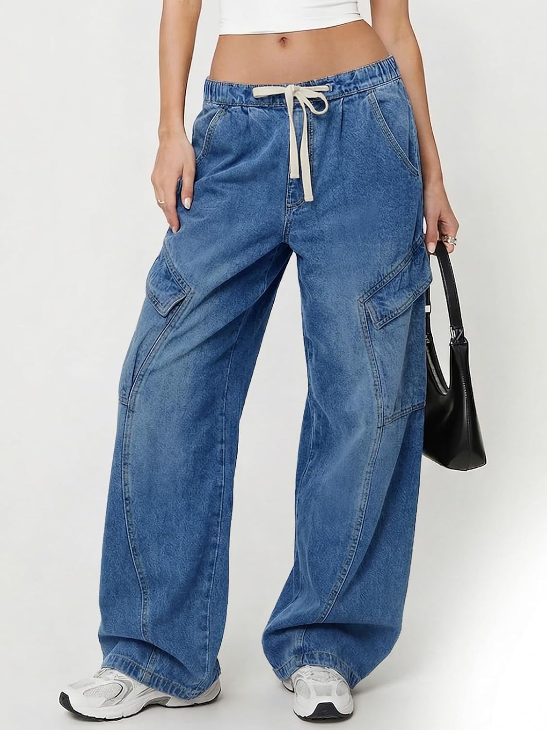 Tankaneo Women Baggy Wide Leg Jeans Y2k Low Rise Drawstring Boyfriend Denim Pants Casual Loose Fit Trousers