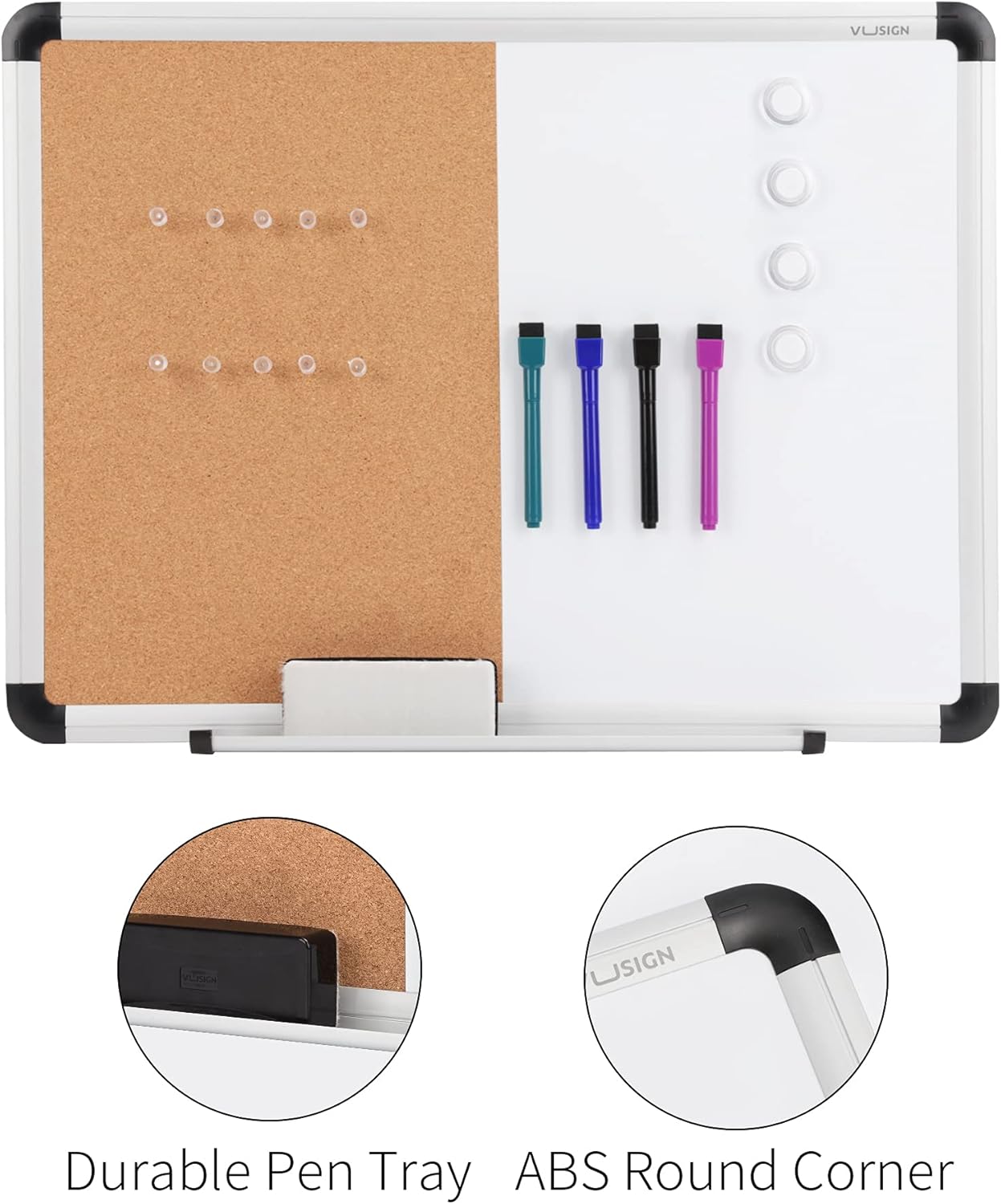 VUSIGN White Board and Cork Board Combination, 17" x 23" Dry Erase Board and Corkboard Combo for Home or Office, Wall Mounted Notice Bulletin Board with Aluminum Frame