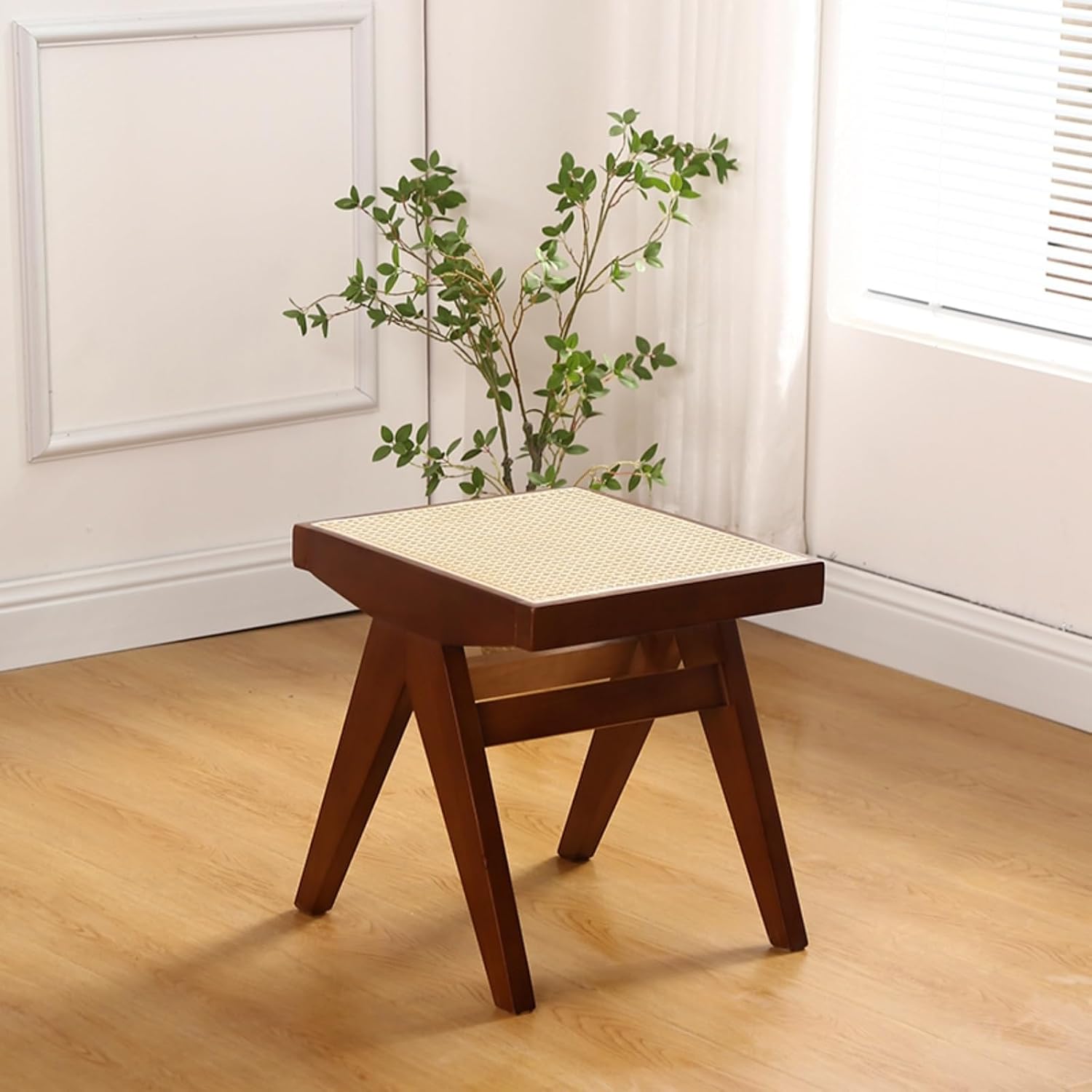 Entryway Shoe Bench, Rattan Storage, Solid Wood Square Stool, 45cm Wide Seat, Indoor Dining Bench for Hallway, Living Room, Kitchen & Bedroom (A)