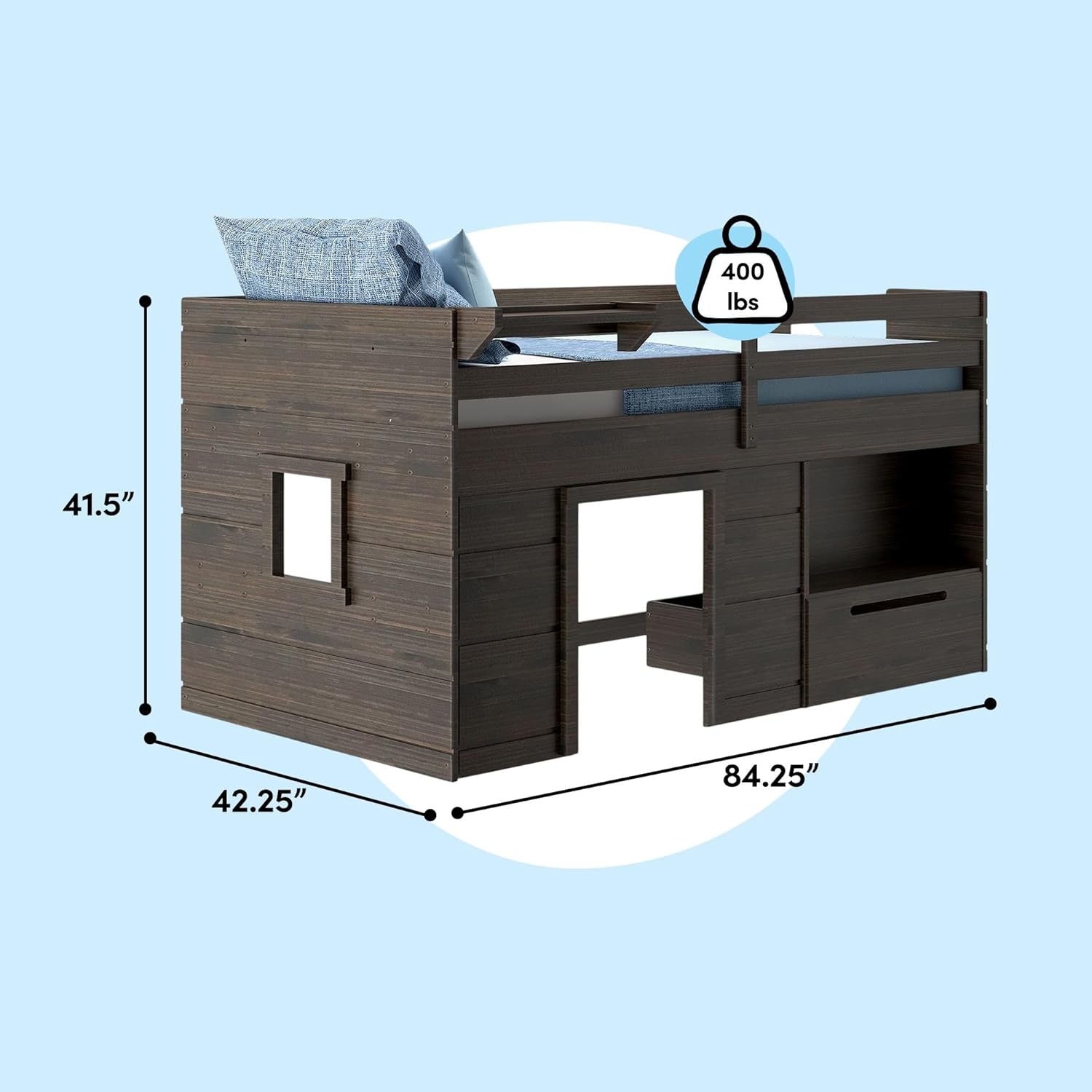 Max & Lily Loft Bed Twin Size, Solid Wood Low Loft Bed with Storage Drawer and Ladder, Modern Farmhouse Loft Bed for Kids, Barnwood Brown