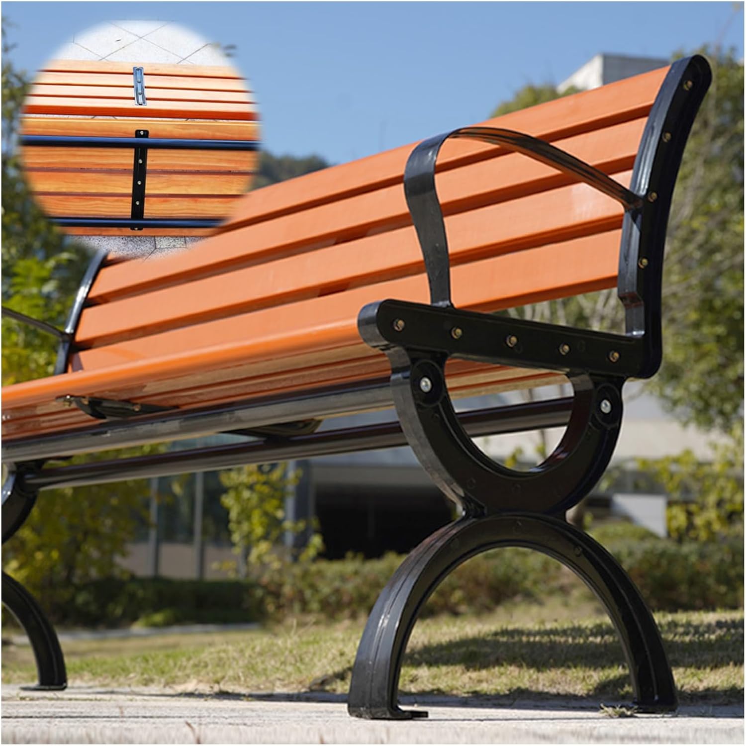 Amber Yellow Outdoor Bench, 150cm Cast Iron & Anti-Corrosive Wood, Comfortable 2-3 Person Porch Chair with Backrest & Armrests, Ideal for Backyard & Garden Decor