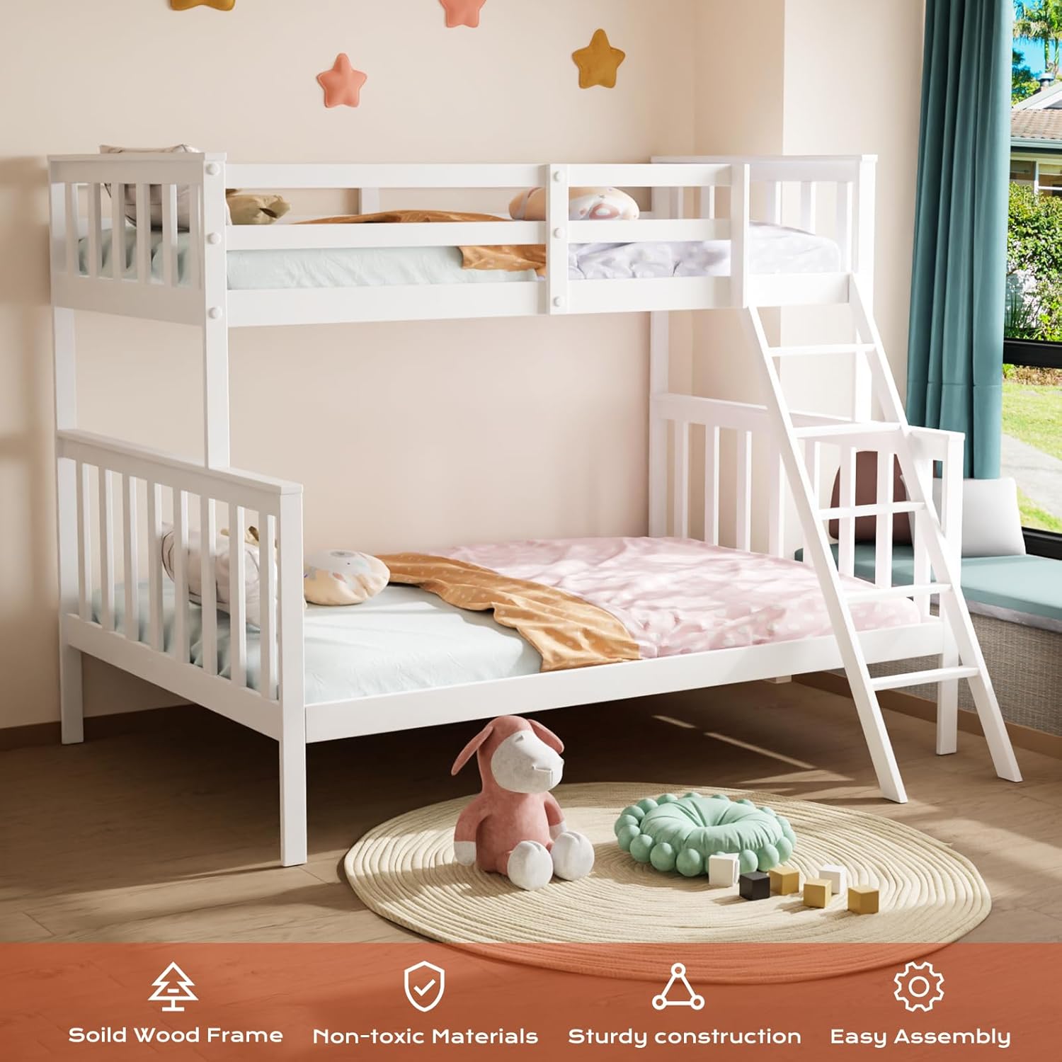 JOYMOR Convertible Twin Over Full Bunk Bed for Kids Children Teens Adults, Solid Wood Bunk Bed Frame with Ladder and Guard Rail Space Saving Beds Frames for Bedroom (Mattress not Included)