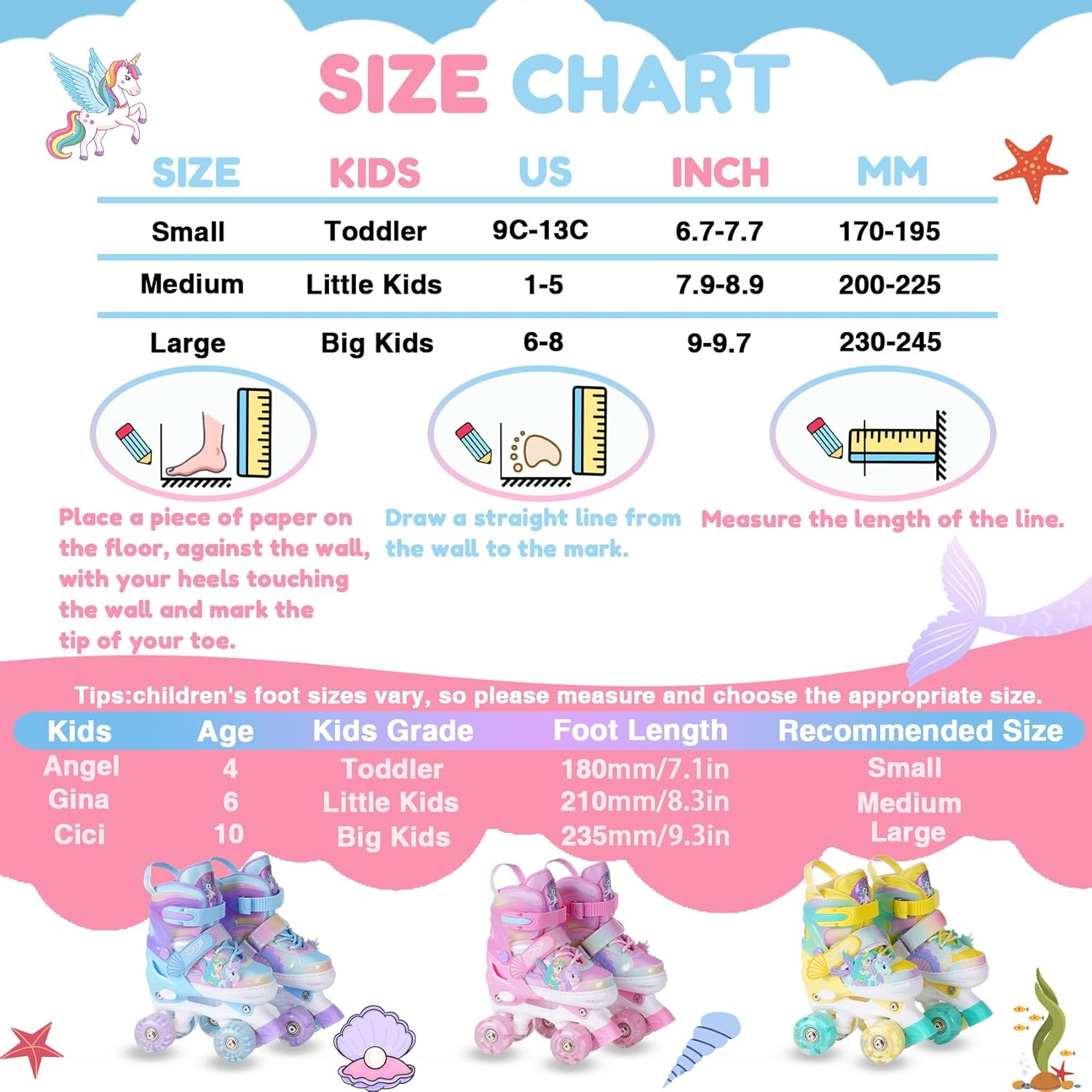 Girls Roller Skates for Kids Ages 3-12 Adjustable Light Up Roller Skates for Toddlers Beginners Boys Unicorn Mermaid Rainbow Gift for Indoor Outdoor Sports