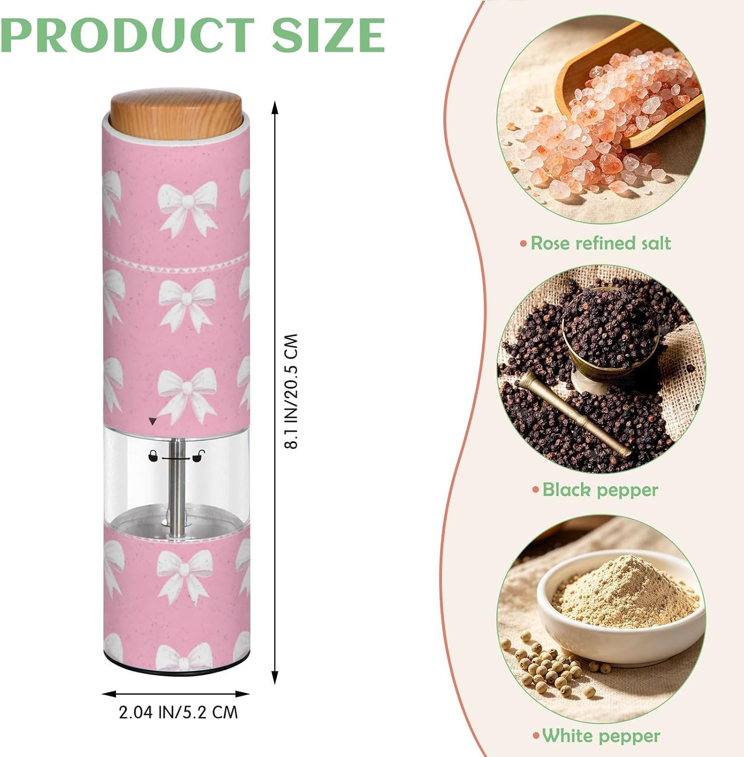ALAZA Electric Pepper Grinder with Adjustable Coarseness, White Bows Pink Pattern Battery Automatic Salt and Pepper Mill with Led, One-Handed Operation Spice Grinder for Kitchen, Camping & BBQ