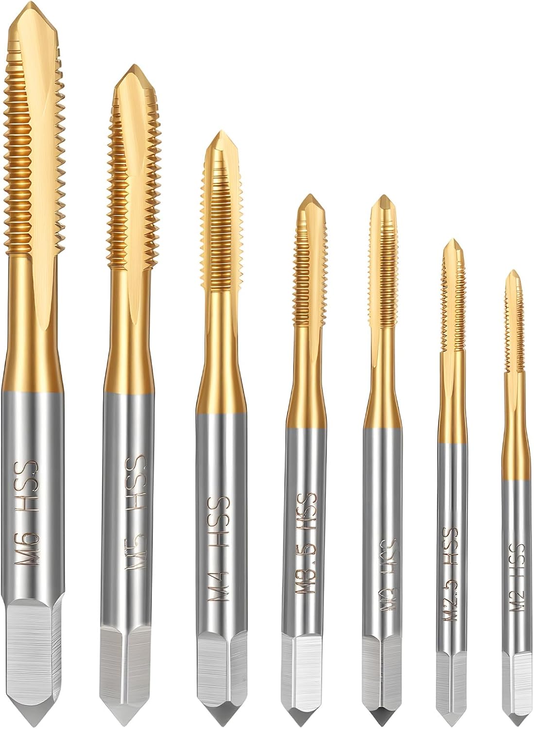 7Pcs Spiral Point Tap Set Titanium Coated Spiral Drill Bit Set M2 M2.5 M3 M3.5 M4 M5 M6 Metric Thread Screw Tapping Bits High Speed Steel Machine Threading Repair Tool for Metalworking