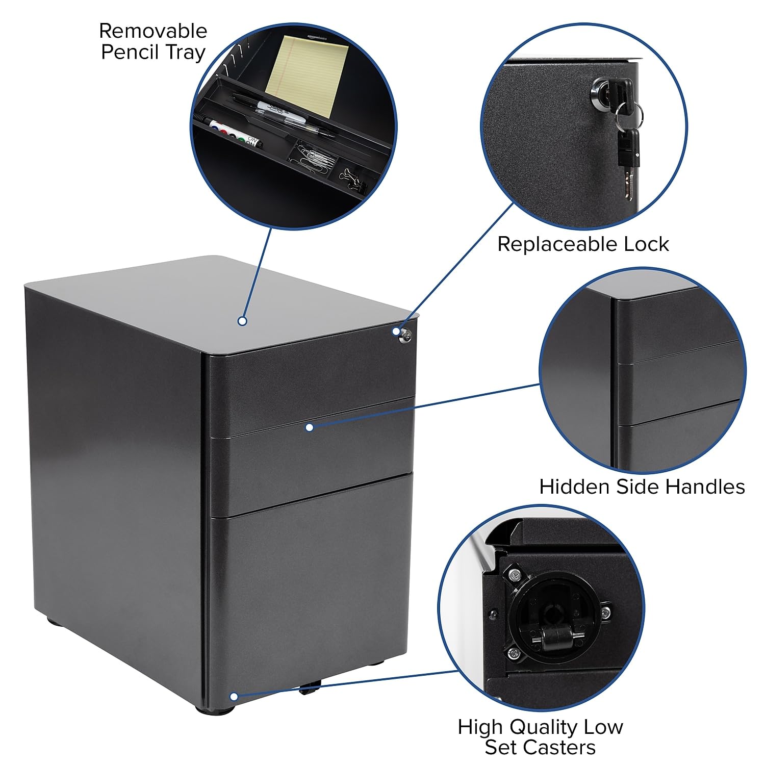 Flash Furniture Moderner Aktenschrank mit 3 Schubladen, abschließbar, mit Kippmechanismus und Hängeschublade für Rechts- und Briefordner, Schwarz