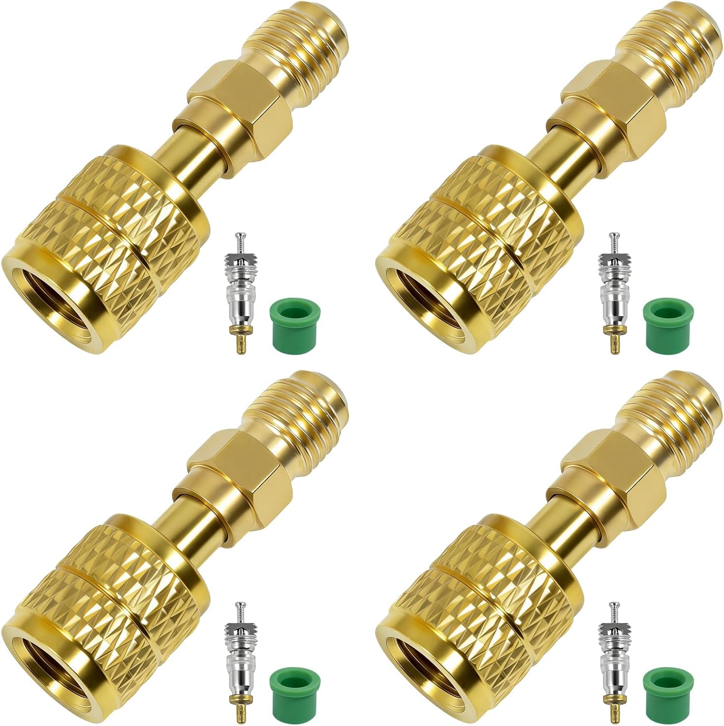 4 Sets A2L R32 R454B Refrigerant Adapter | 1/4" SAE Female to Male, Reverse Thread, Brass, Straight Connector
