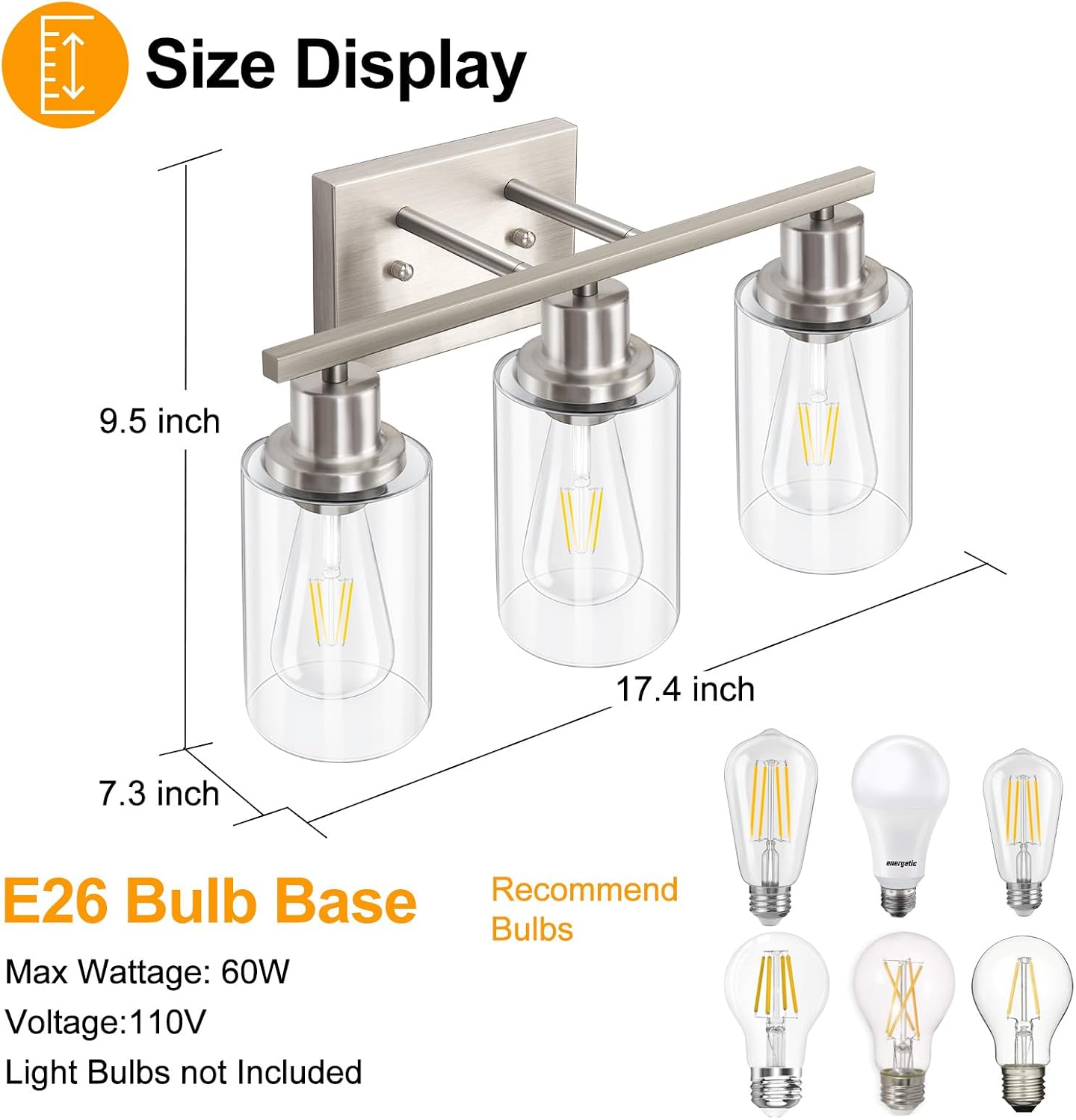 Watyo 3-Light Bathroom Vanity Light Fixtures, Brushed Nickel Wall Sconce Lighting Modern Wall Light with Clear Glass Shade, Porch Wall Lamp Mounted Lights over Mirror for Living Room, Bedroom, Hallway