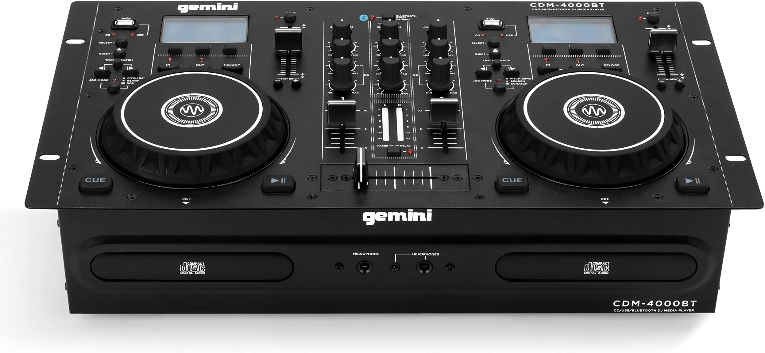 Gemini Sound Cdm-4000Bt Stand Alone Bluetooth Streaming Professional Dj Dual Deck Media Player Mixer Cd/Cdr USB Playback 2 Band EQualizer Manual Looping Sensitive Jog Wheels, Xlr Output, Anti-Shock