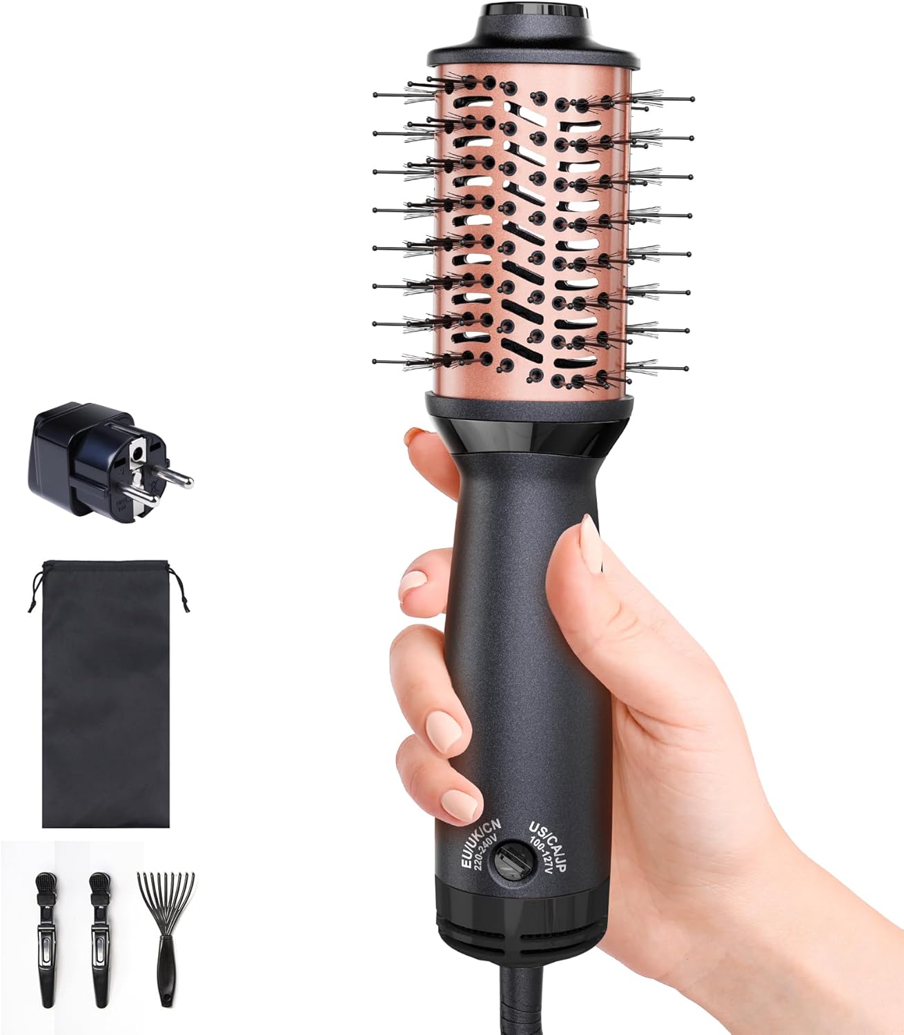 Small Dual Voltage Hair Dryer Brush (110-220V), Compact Light-Weight European Travel Blow Dryer Brush for Volume, Smoothness & Curls On The Go, One Step Travel Hair Tools, Incl. Pouch & EU Plug