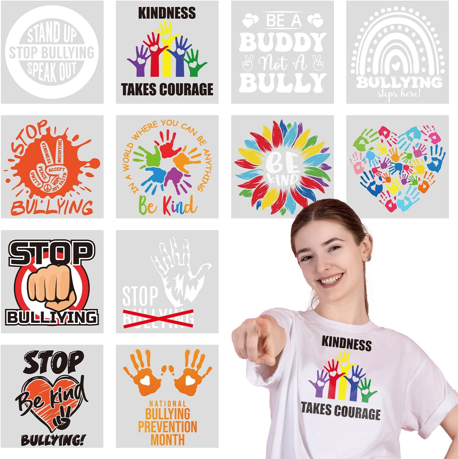 Dtf Transfers Ready to Press - 12 Pcs Stop Bullying Iron on Transfer Paper Anti Bullying Awareness Unity Day Transfer Paper for T-Shirt Heat Press Designs for DIY Clothes Hats Fabrics